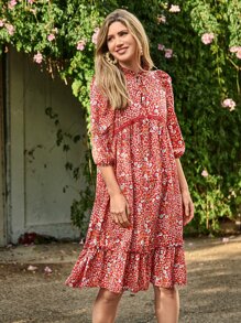 SHEIN VCAY Tie Neck Ditsy Floral Print Ruffle Hem Dress - Multicolor - View 2