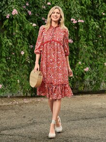 SHEIN VCAY Tie Neck Ditsy Floral Print Ruffle Hem Dress - Multicolor - View 1