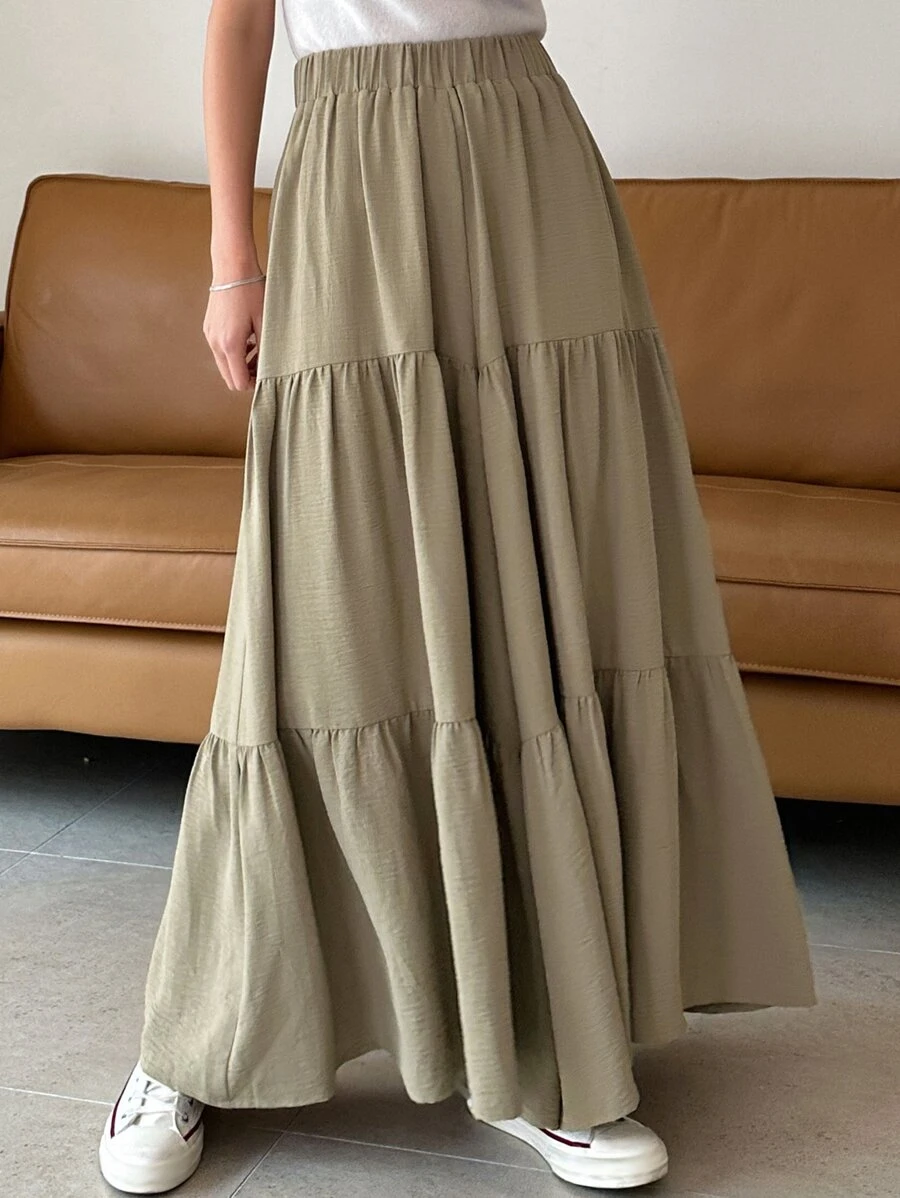 DAZY Solid Ruffle Hem Wide Leg Trousers - Khaki - View 1