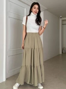 DAZY Solid Ruffle Hem Wide Leg Trousers - Khaki - View 3