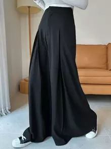 DAZY 高腰拼接細節闊腿西裝褲 - 黑色 - 查看 1