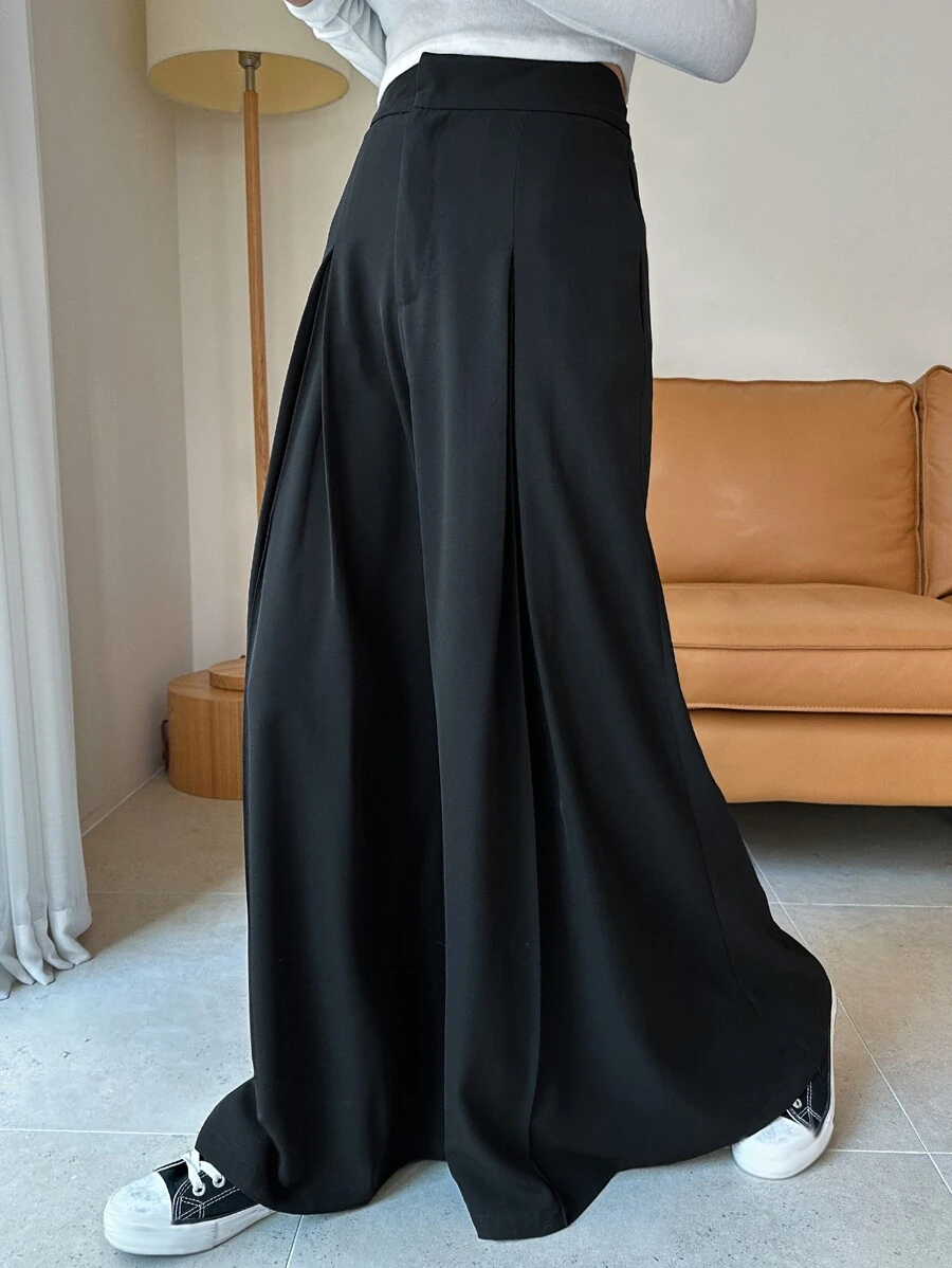 DAZY 高腰拼接細節闊腿西裝褲 - 黑色 - 查看 1