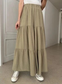 DAZY Solid Ruffle Hem Wide Leg Trousers - Khaki - View 6