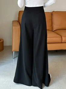 DAZY 高腰拼接細節闊腿西裝褲 - 黑色 - 查看 2