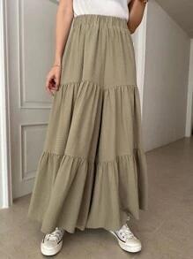 DAZY Solid Ruffle Hem Wide Leg Trousers - Khaki - View 8