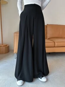 DAZY 高腰拼接細節闊腿西裝褲 - 黑色 - 查看 4