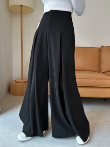 DAZY 高腰拼接細節闊腿西裝褲 - 黑色 - 查看 7