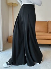 DAZY 高腰拼接細節闊腿西裝褲 - 黑色 - 查看 8