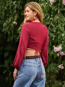 SHEIN VCAY Surplice Neck Wrap Tie Back Lantern Sleeve Crop Top - Burgundy - View 2