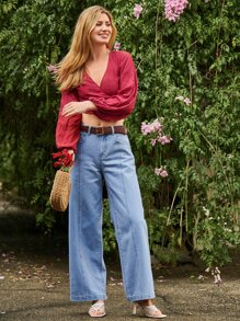 SHEIN VCAY Surplice Neck Wrap Tie Back Lantern Sleeve Crop Top - Burgundy - View 6