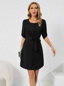 Roll Tab Sleeve Belted Dress - Black - View 5