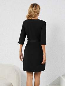 Roll Tab Sleeve Belted Dress - Black - View 2