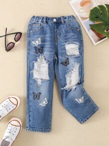 小女童蝴蝶圖案破洞牛仔褲 - 中等水洗藍 - 查看 1