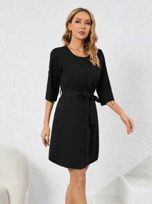 Roll Tab Sleeve Belted Dress - Black - View 3
