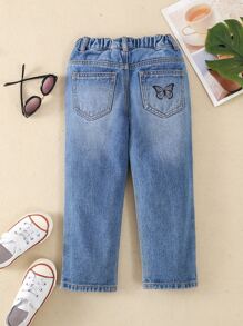小女童蝴蝶圖案破洞牛仔褲 - 中等水洗藍 - 查看 2