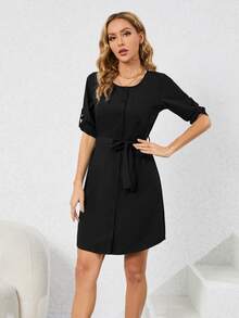 Roll Tab Sleeve Belted Dress - Black - View 6