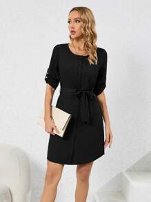 Roll Tab Sleeve Belted Dress - Black - View 1