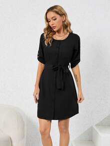 Roll Tab Sleeve Belted Dress - Black - View 7