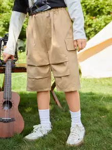 SHEIN 男孩彈性腰帶工裝短褲 - 卡其色 - 查看 1