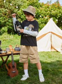 SHEIN 男孩彈性腰帶工裝短褲 - 卡其色 - 查看 8