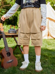 SHEIN 男孩彈性腰帶工裝短褲 - 卡其色 - 查看 4