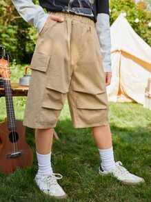 SHEIN 男孩彈性腰帶工裝短褲 - 卡其色 - 查看 7