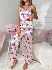 Butterfly Print Satin PJ Set - Baby Pink - View 4