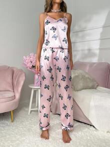 Butterfly Print Satin PJ Set - Baby Pink - View 5