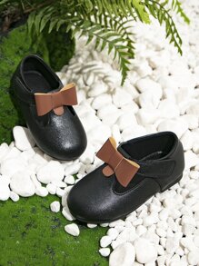 Girls Bow Decor Ankle Strap Flats - Black - View 1
