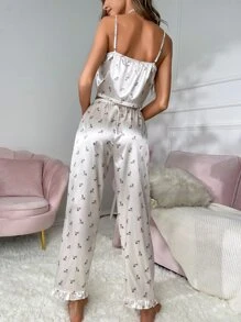 Conjunto de pijama de satén con estampado floral diminuto, encaje de contraste y ribete de volantes - Blanco - Ver 2
