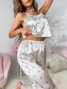 Conjunto de pijama de satén con estampado floral diminuto, encaje de contraste y ribete de volantes - Blanco - Ver 4