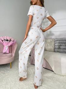 Floral Print Lettuce Trim Bow Front PJ Set - White - View 2