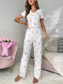 Floral Print Lettuce Trim Bow Front PJ Set - White - View 4