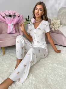 Floral Print Lettuce Trim Bow Front PJ Set - White - View 5