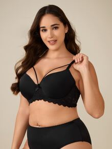 Plus Lace Trim Bow Front Underwire Bra - Black - View 3