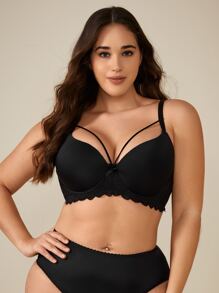 Plus Lace Trim Bow Front Underwire Bra - Black - View 4