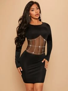 SHEIN SXY Rhinestone Decor Mesh Insert Bodycon Dress - Black - View 5