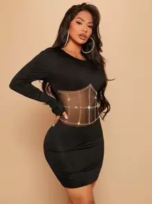 SHEIN SXY Rhinestone Decor Mesh Insert Bodycon Dress - Black - View 4