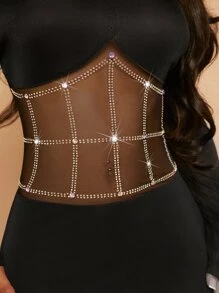 SHEIN SXY Rhinestone Decor Mesh Insert Bodycon Dress - Black - View 6