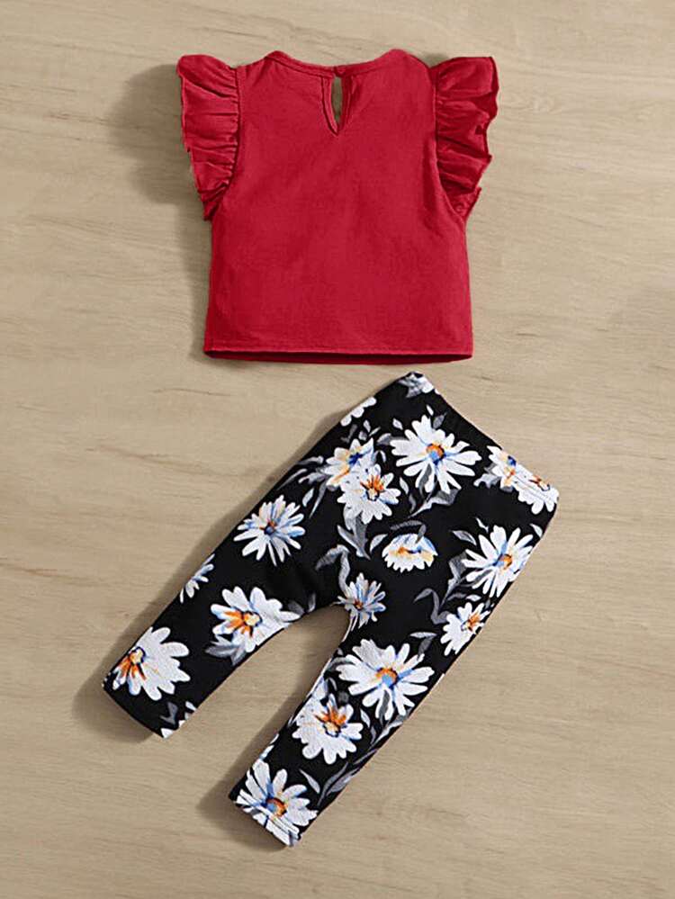 SHEIN Baby Ruffle Sleeve Top & Floral Print Bow Front Trousers - Red - View 2