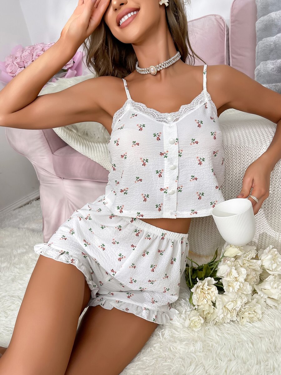 Ditsy Floral Print Lace Trim Ruffle Hem PJ Set - White - View 1