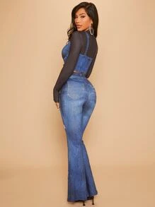 SHEIN SXY Denim-Effect Print 2 In 1 Crop Mock Neck Top & Flare Leg Trousers - Blue - View 2