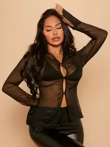 SHEIN SXY Button Front Sheer Shirt Without Bra - Black - View 1