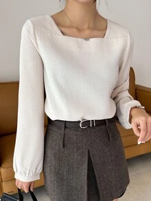 DAZY Square Neck Waffle Knit Lantern Sleeve Blouse - Apricot - View 7