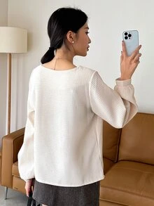 DAZY Square Neck Waffle Knit Lantern Sleeve Blouse - Apricot - View 2