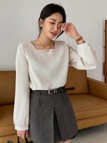 DAZY Square Neck Waffle Knit Lantern Sleeve Blouse - Apricot - View 1