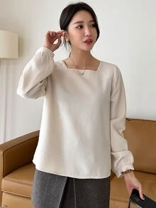 DAZY Square Neck Waffle Knit Lantern Sleeve Blouse - Apricot - View 5