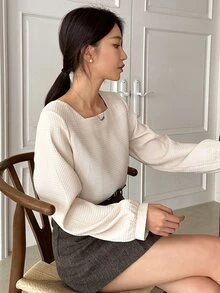 DAZY Square Neck Waffle Knit Lantern Sleeve Blouse - Apricot - View 6