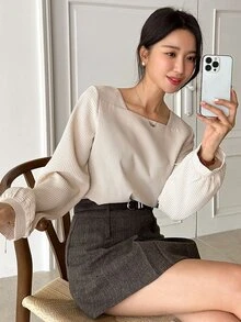 DAZY Square Neck Waffle Knit Lantern Sleeve Blouse - Apricot - View 3