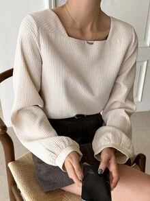 DAZY Square Neck Waffle Knit Lantern Sleeve Blouse - Apricot - View 8